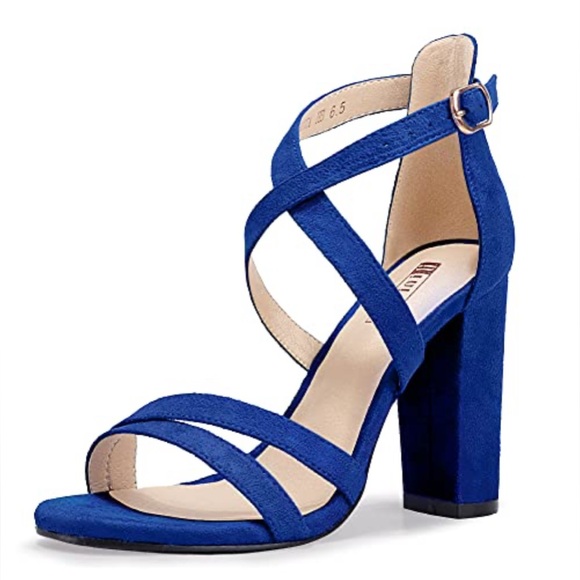 Women's Blue Strappy Heels Open Toe Ankle Strappy Chunky Wedding Bridesmaid 10 - Picture 1 of 15